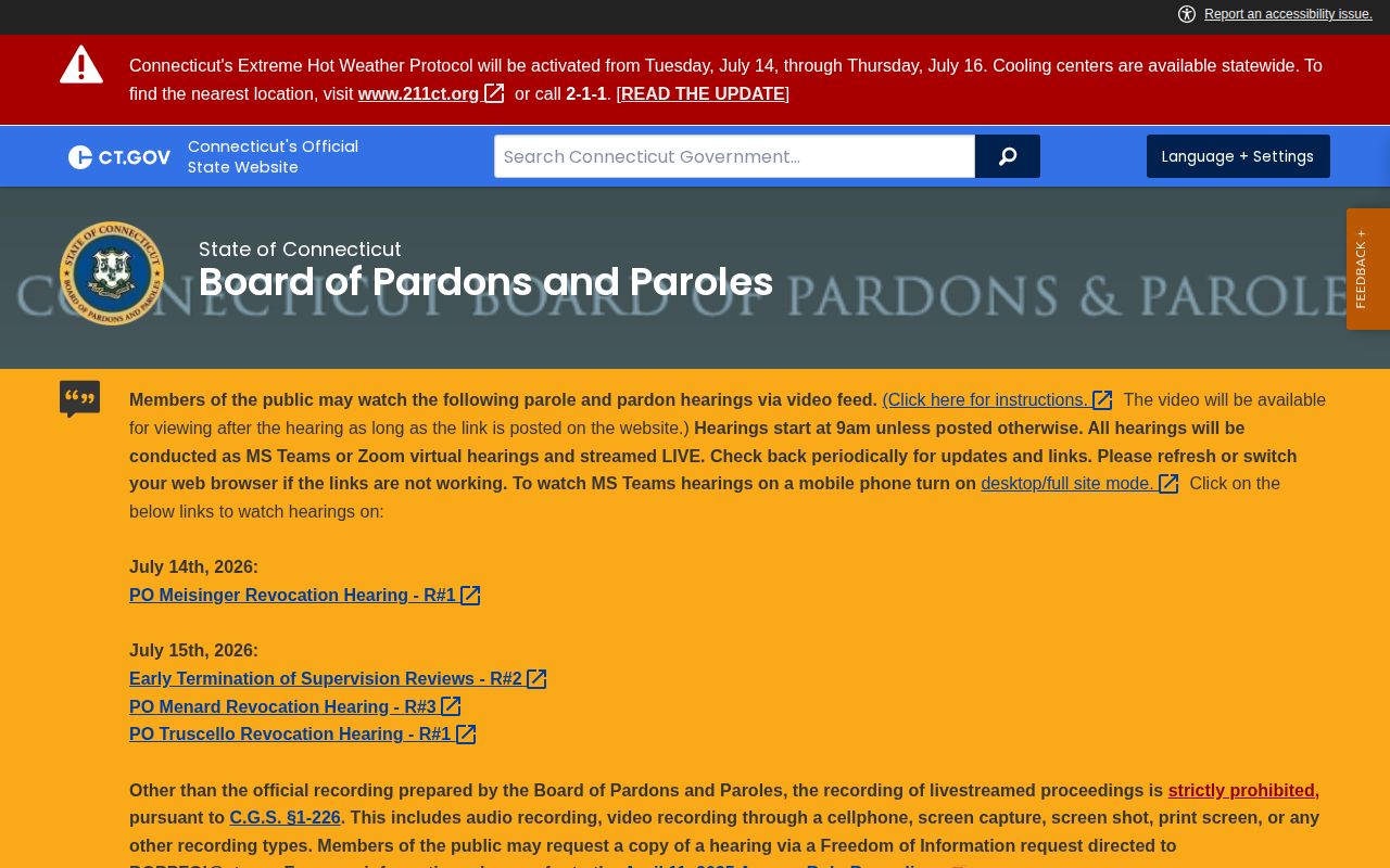 Hamden County parole and probation hearing calendar from Connecticut BOPP