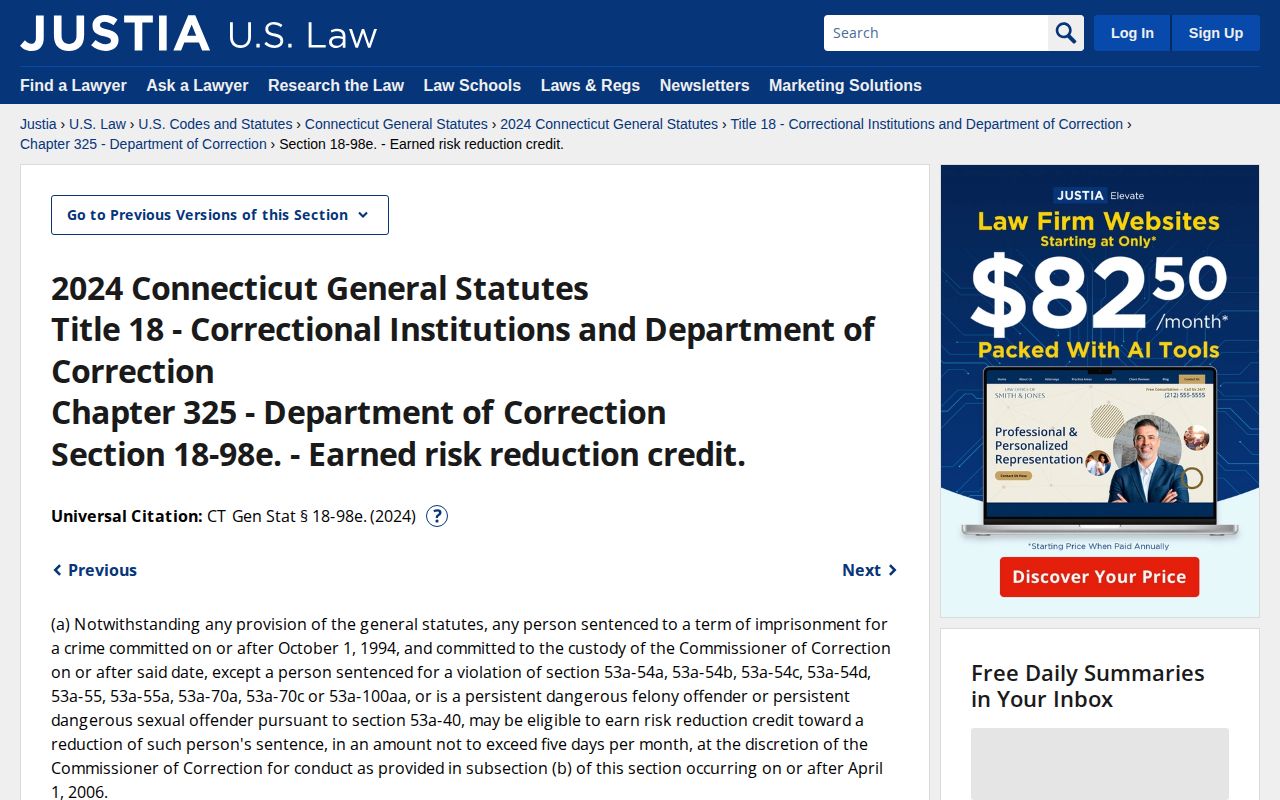 Connecticut earned credit statute for Hamden County projected release dates